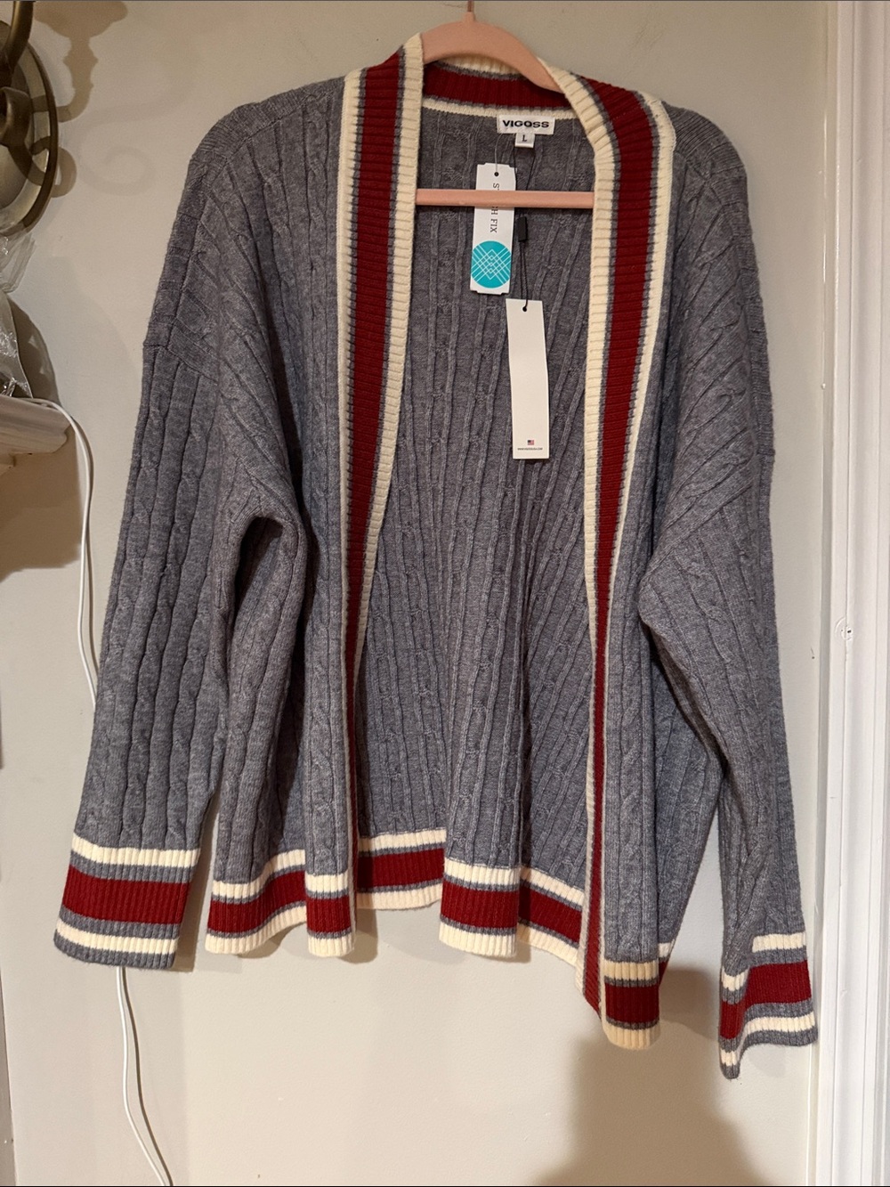 Vigoss Gray Open-Front Cable Knit Cardigan with Burgundy & Cream Trim
